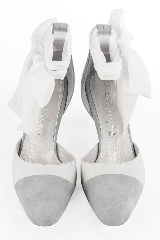 Pearl grey and pure white women's open side shoes, with a scarf around the ankle. Round toe. High slim heel. Top view - Florence KOOIJMAN